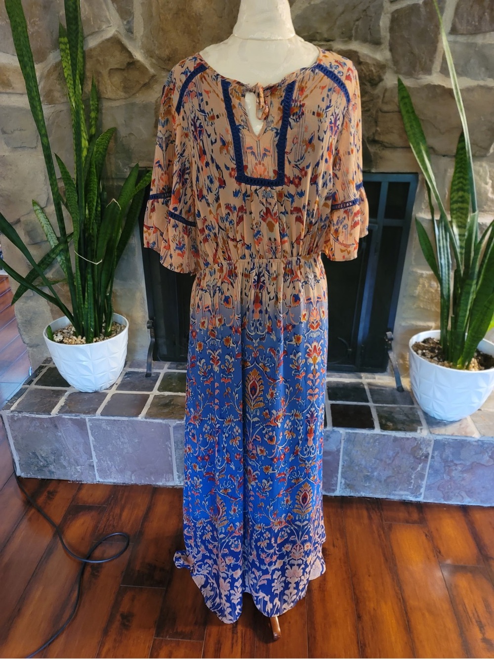 DR2 Blue Orange Boho Floral Maxi Dress Sz L 3/4 Sleeve Tassel Tie Neck Peasant